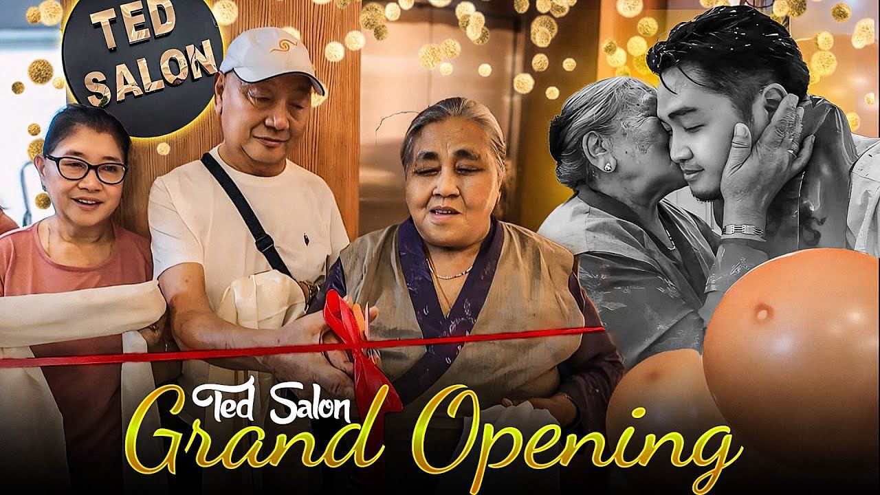 Grand-opening video thumbnail: elders cut the red ribbon beneath the gold Ted Salon sign.