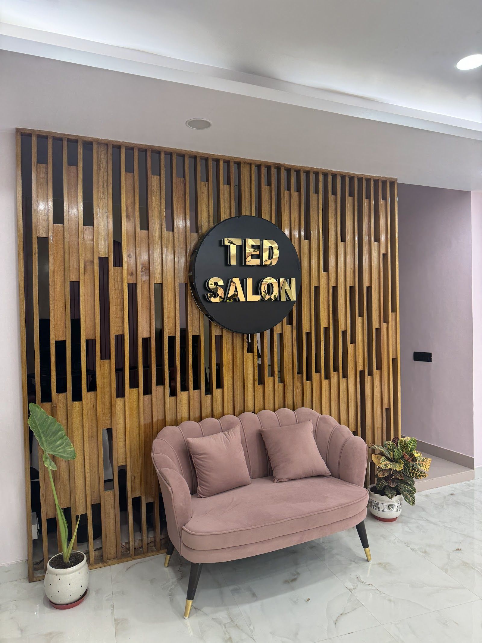 Ted Salon reception: a blush velvet sofa in front of a teak wood-slat wall with the round gold TED SALON sign.